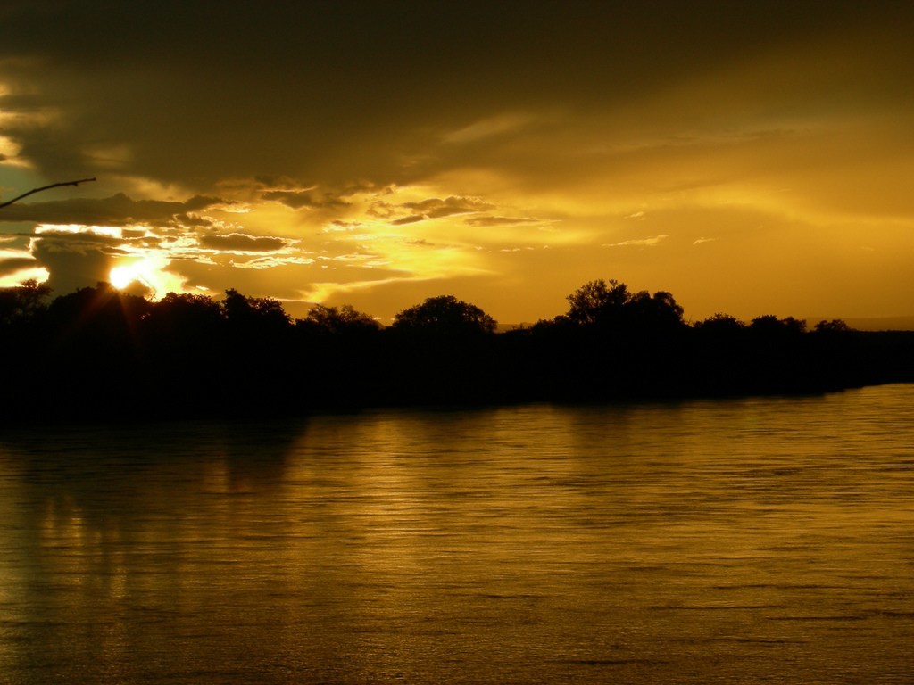 A yellow sunset over a river with trees in the background